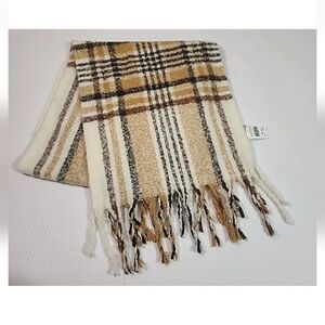 New Camel & Burgundy Plaid Plush Scarf One Size